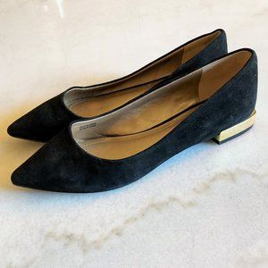 New! Tahari Eda black suede pointed toe flats / shoes with gold trim, block heel